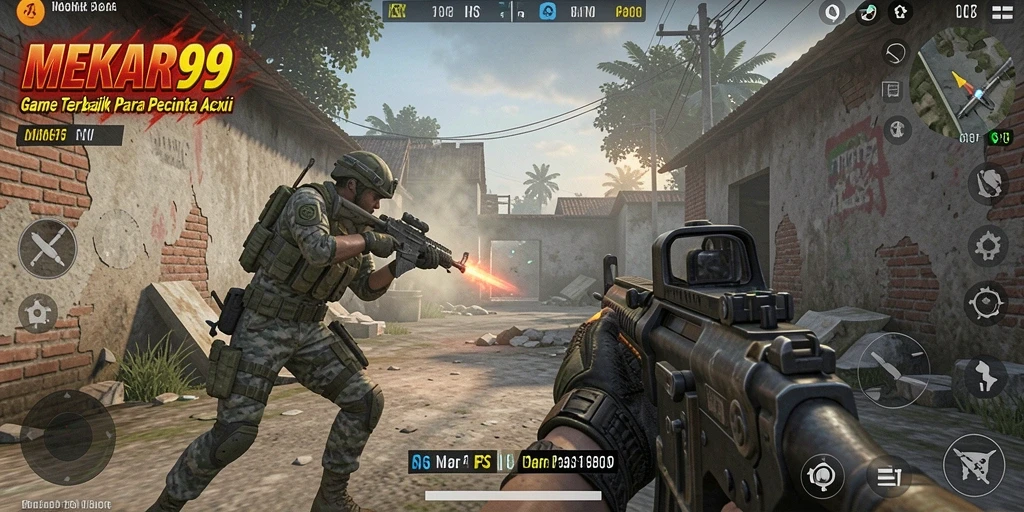Tangkapan layar gameplay MEKAR99 dengan aksi tembak-menembak seru.