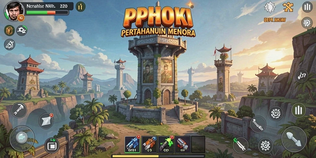 Tangkapan layar gameplay PPHOKI dengan menara yang berfungsi dalam pertahanan.