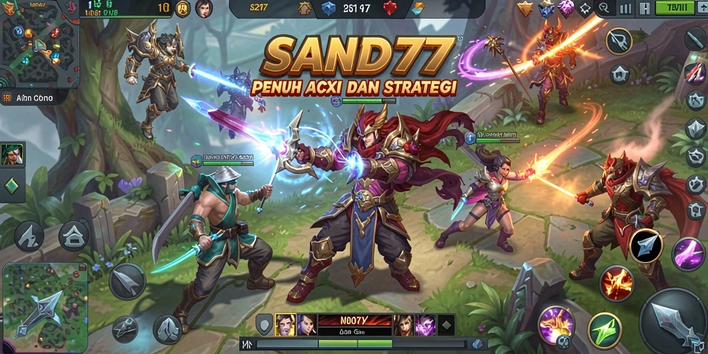 Screenshot gameplay seru SAND77 dengan aksi MOBA intens.