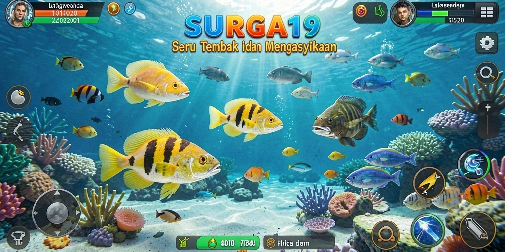 Tampilan gameplay seru dalam SURGA19 saat menembak ikan.